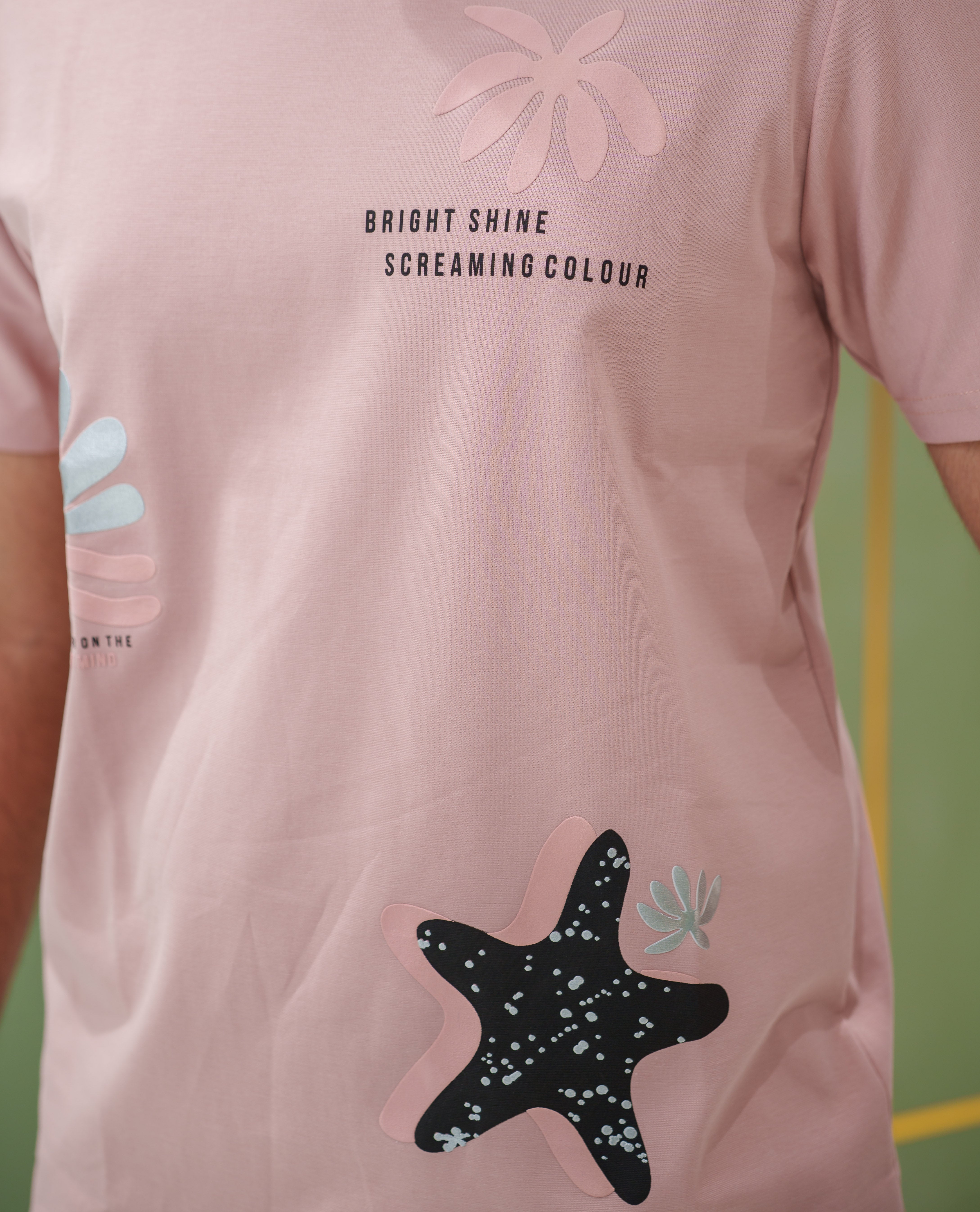 Pink Cotton-Blended T-Shirt, Comes with Tropical Floral-Star Motifs Print, a Crew Neck, Half Sleeves, Slim Fit, and Regular Length