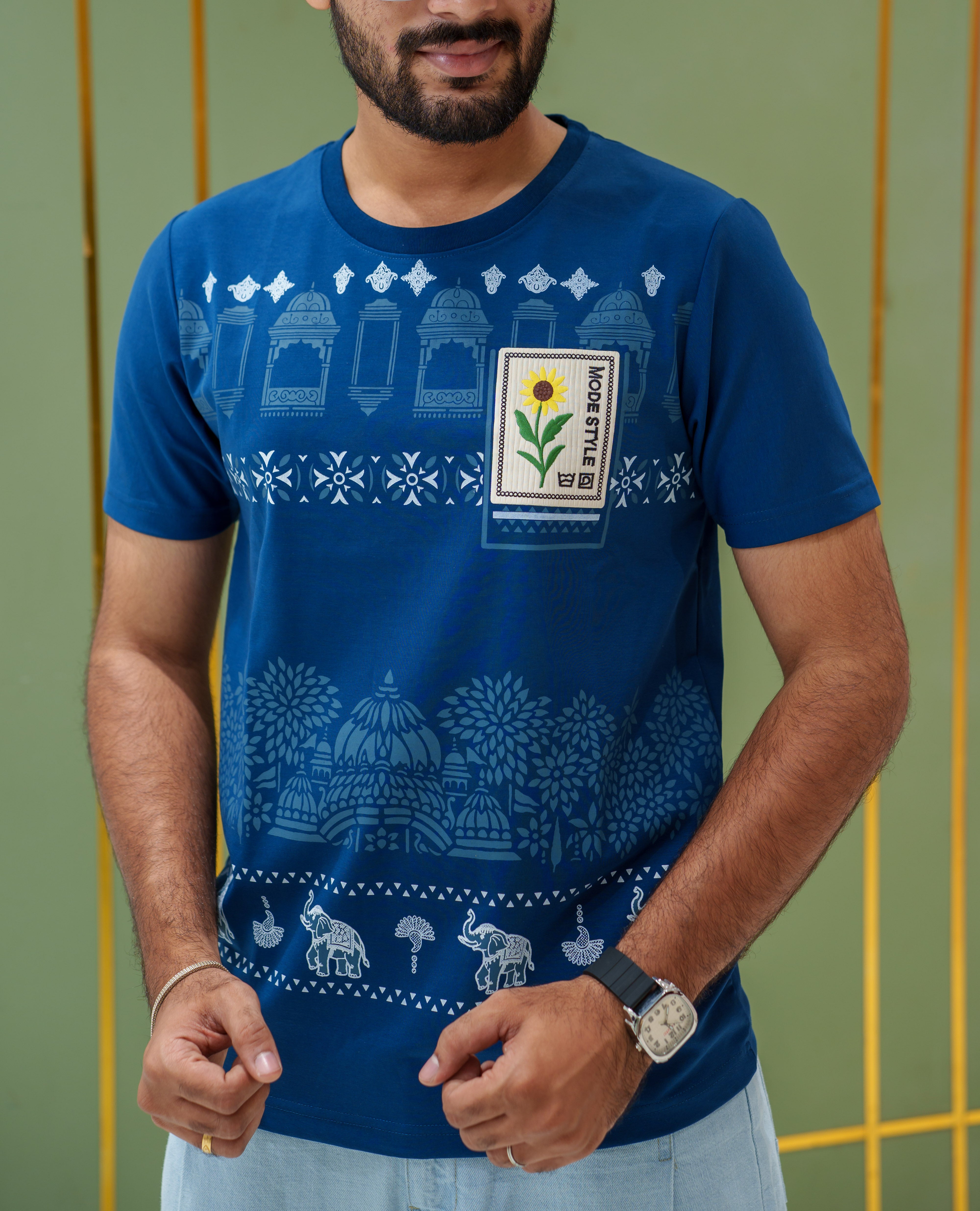 Blue Cotton-Blended T-Shirt, Comes with Mughal-Style Arches-Floral-Elephant Print, a Crew Neck, Half Sleeves, Slim Fit, and Regular Length