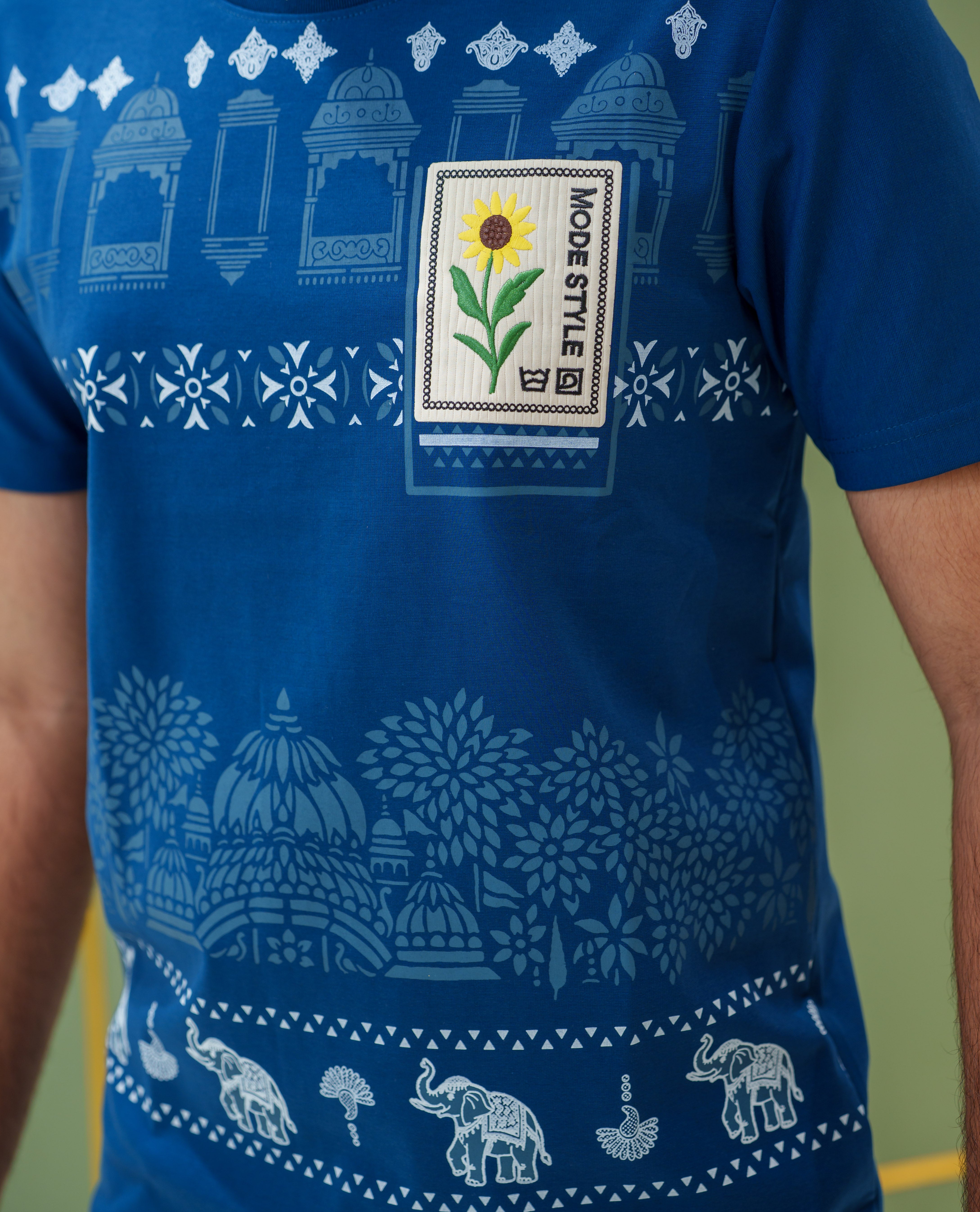 Blue Cotton-Blended T-Shirt, Comes with Mughal-Style Arches-Floral-Elephant Print, a Crew Neck, Half Sleeves, Slim Fit, and Regular Length