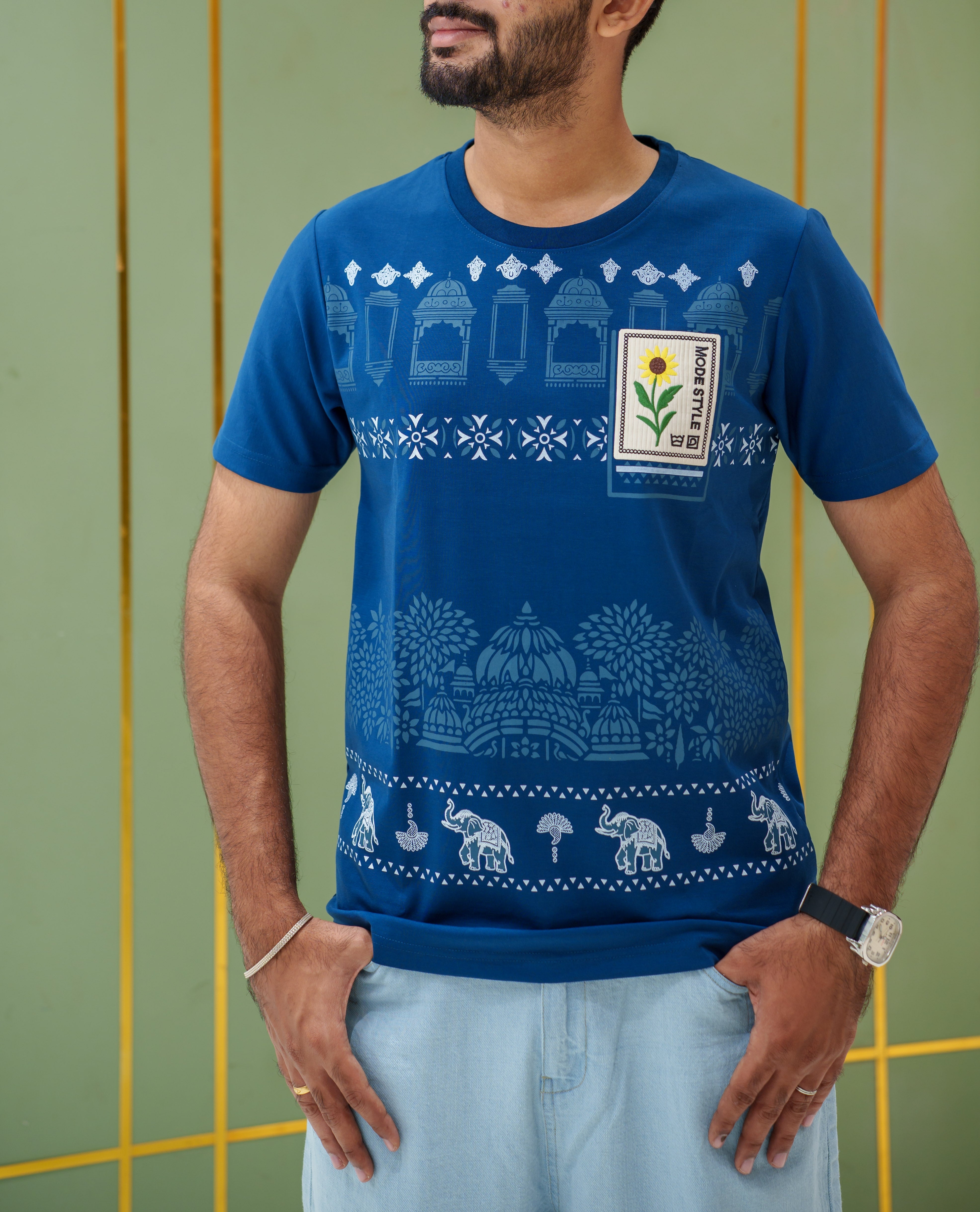 Blue Cotton-Blended T-Shirt, Comes with Mughal-Style Arches-Floral-Elephant Print, a Crew Neck, Half Sleeves, Slim Fit, and Regular Length