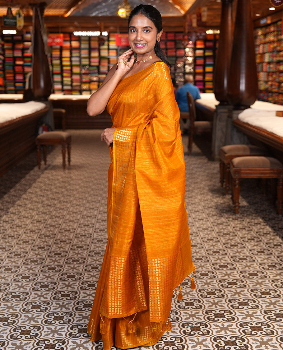 Mustard Fancy Tussar Saree, Polka Dotted Zari Border, Grand Pallu, a Floral Printed Blouse, Matching Blouse
