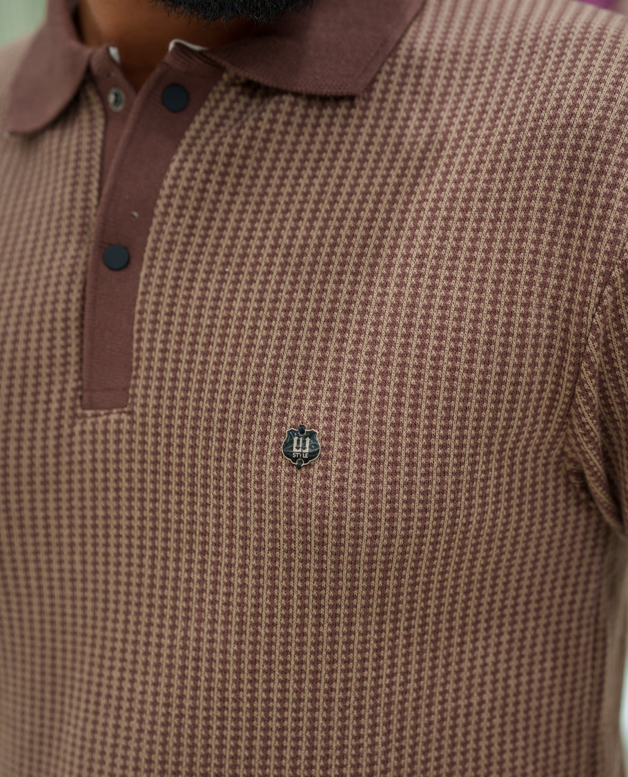 Brown Striped Cotton-Blended T-Shirt Comes with Half-Sleeves, a Polo Collar, a Slim Fit, and Regular Length
