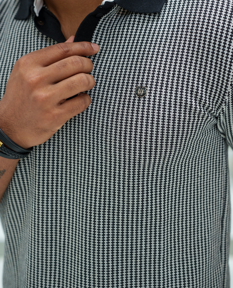 Black Striped Cotton-Blended T-Shirt Comes with Half-Sleeves, a Polo Collar, a Slim Fit, and Regular Length