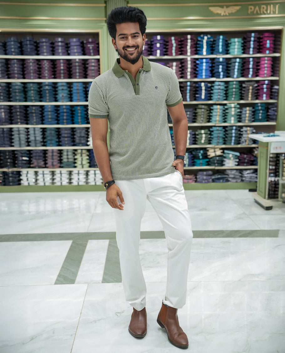 Dark Green Striped Cotton-Blended T-Shirt Comes with Half-Sleeves, a Polo Collar, a Slim Fit, and Regular Length