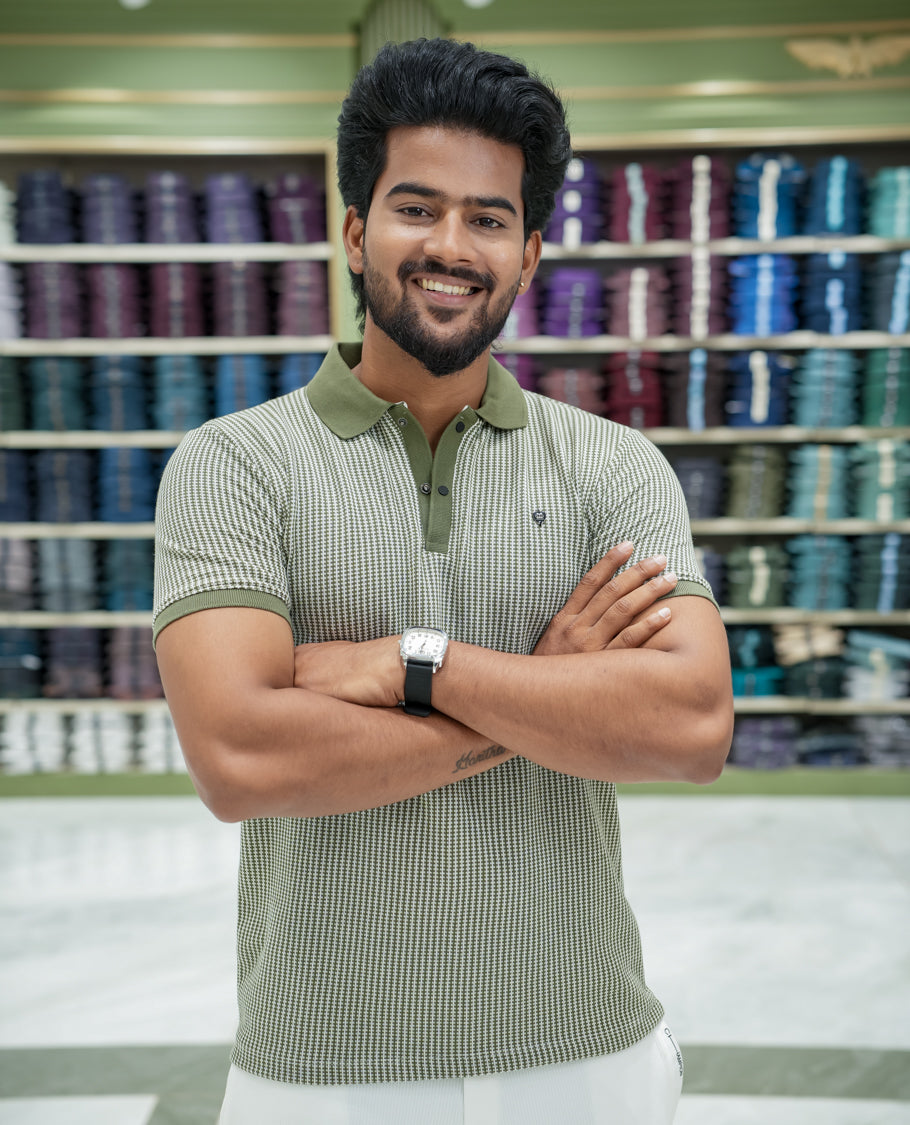 Dark Green Striped Cotton-Blended T-Shirt Comes with Half-Sleeves, a Polo Collar, a Slim Fit, and Regular Length