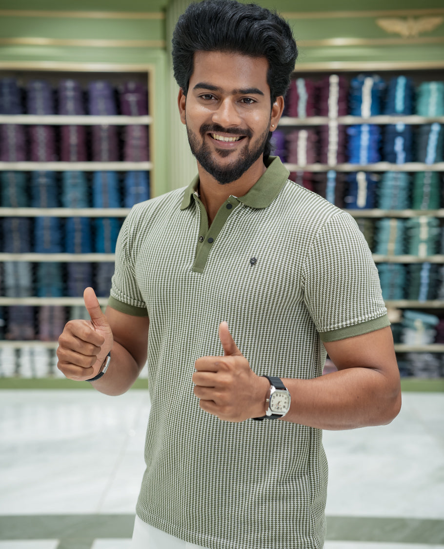 Dark Green Striped Cotton-Blended T-Shirt Comes with Half-Sleeves, a Polo Collar, a Slim Fit, and Regular Length