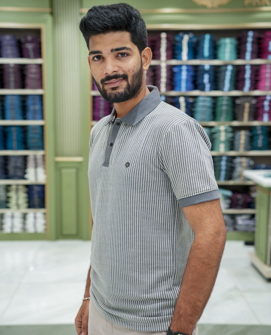 Grey Striped Cotton-Blended T-Shirt Comes with Half-Sleeves, a Polo Collar, a Slim Fit, and Regular Length
