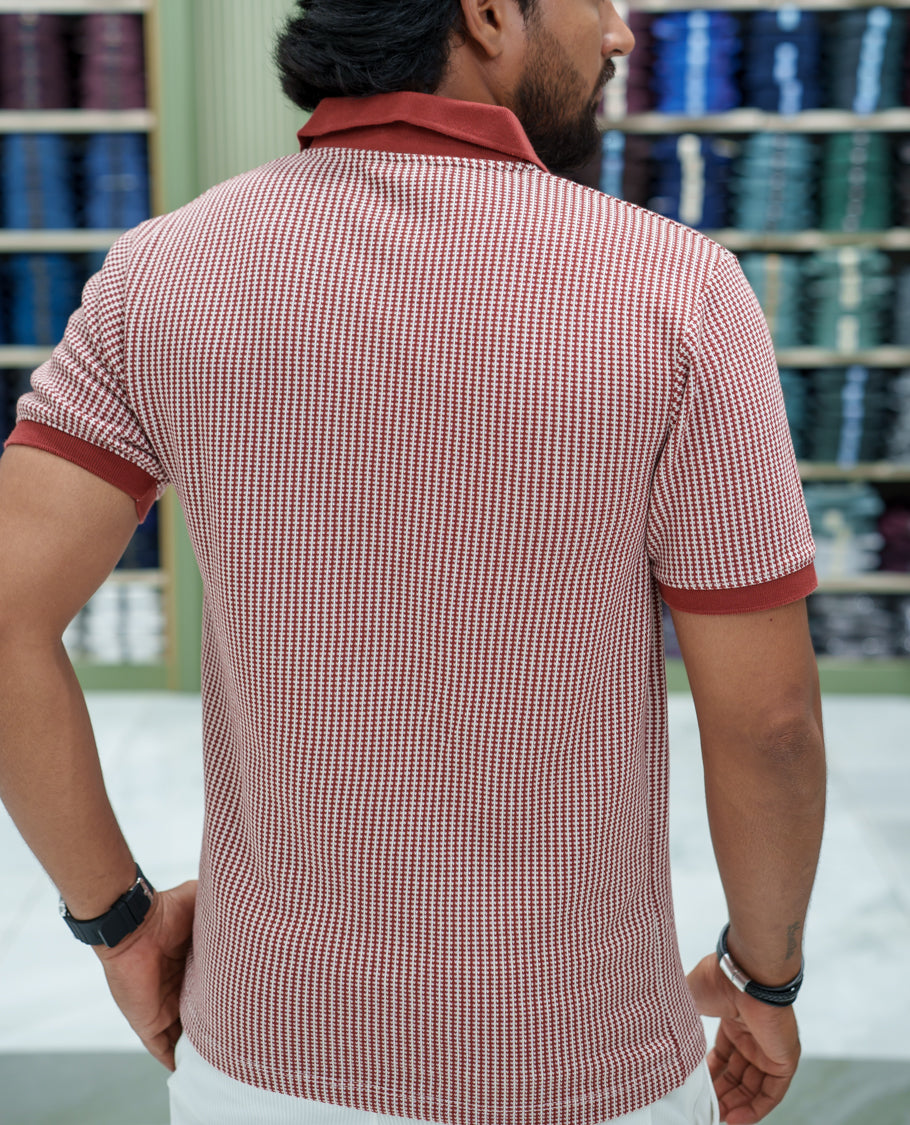 Red Striped Cotton-Blended T-Shirt Comes with Half-Sleeves, a Polo Collar, a Slim Fit, and Regular Length