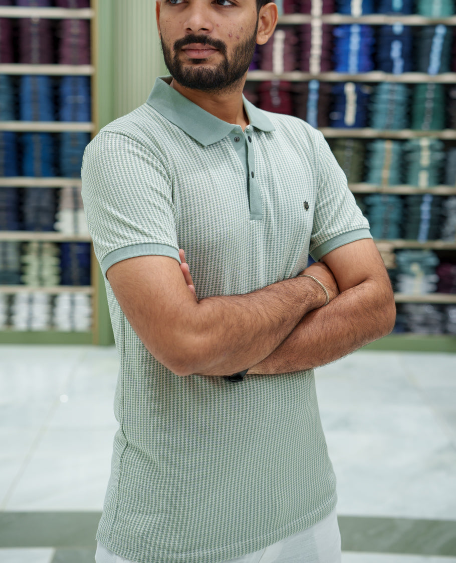 Light Green Striped Cotton-Blended T-Shirt Comes with Half-Sleeves, a Polo Collar, a Slim Fit, and Regular Length