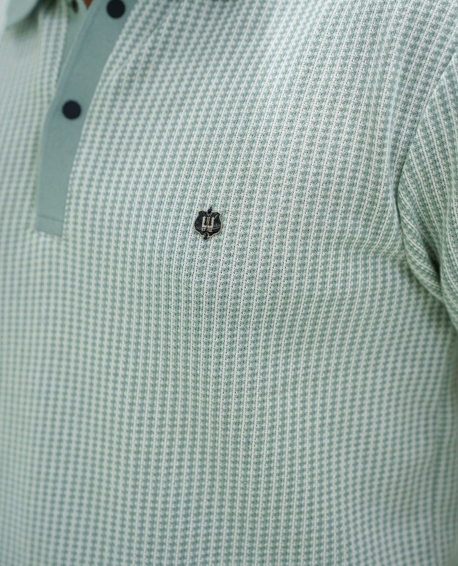 Light Green Striped Cotton-Blended T-Shirt Comes with Half-Sleeves, a Polo Collar, a Slim Fit, and Regular Length
