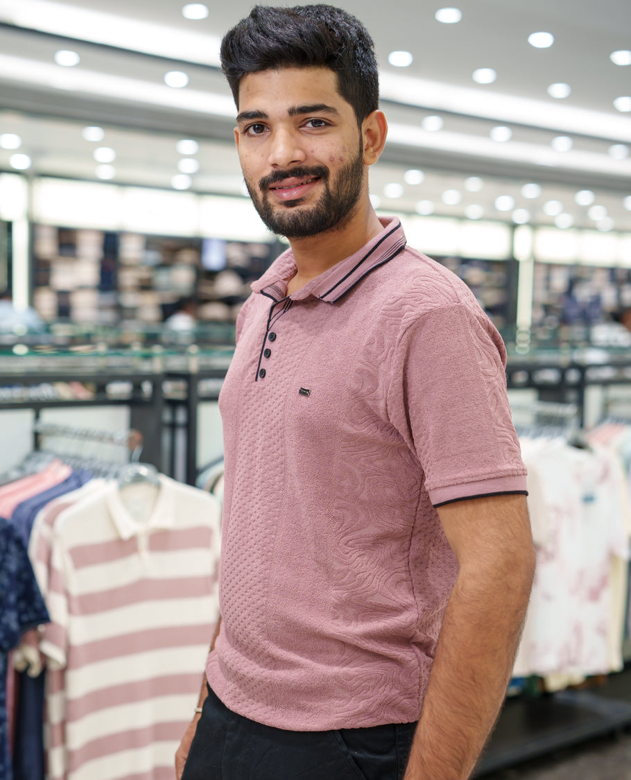 Pink Geometric-Textured Cotton-Blended T-Shirt Comes with Half-Sleeves, Polo Collar, a Slim Fit, and Regular Length