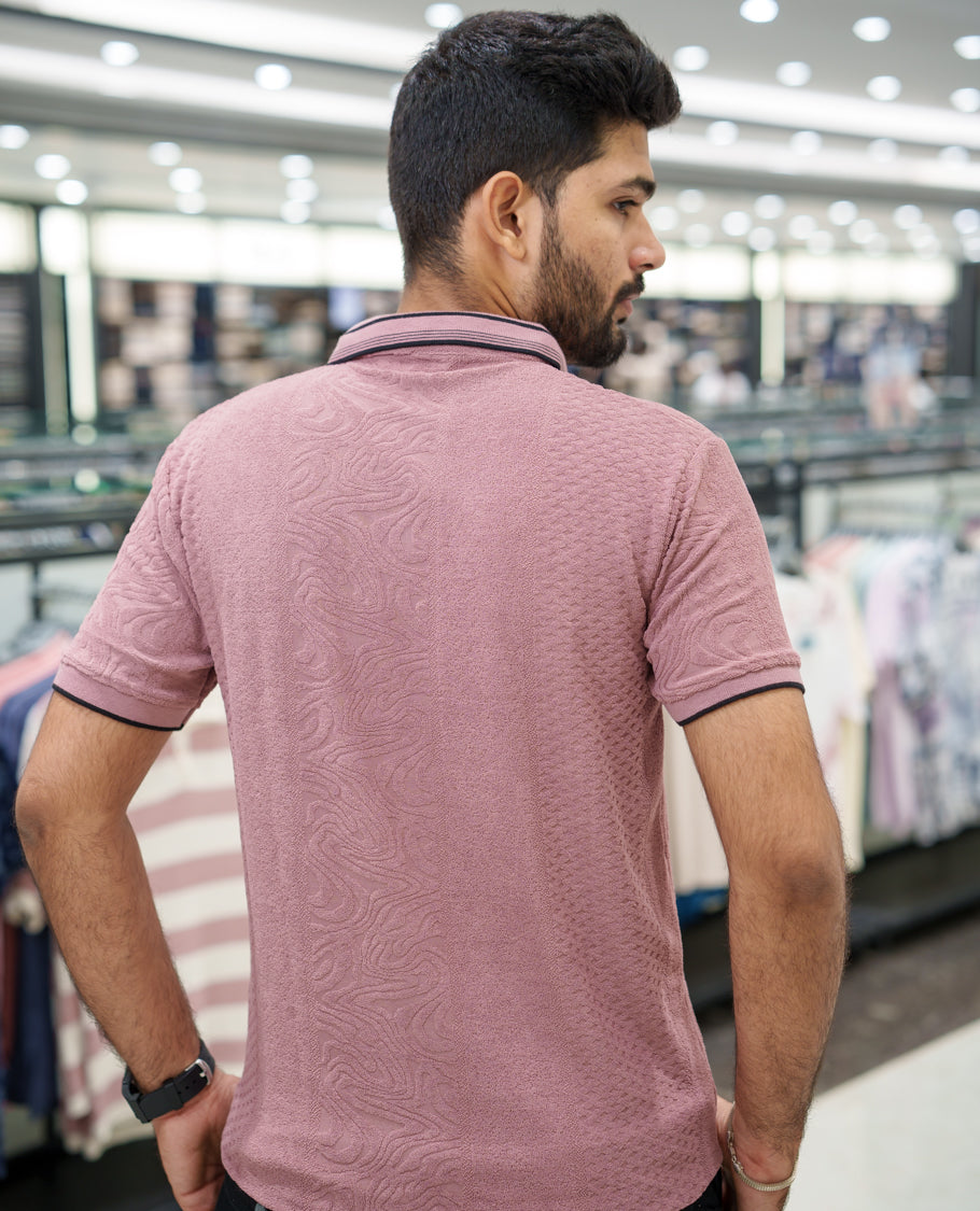 Pink Geometric-Textured Cotton-Blended T-Shirt Comes with Half-Sleeves, Polo Collar, a Slim Fit, and Regular Length