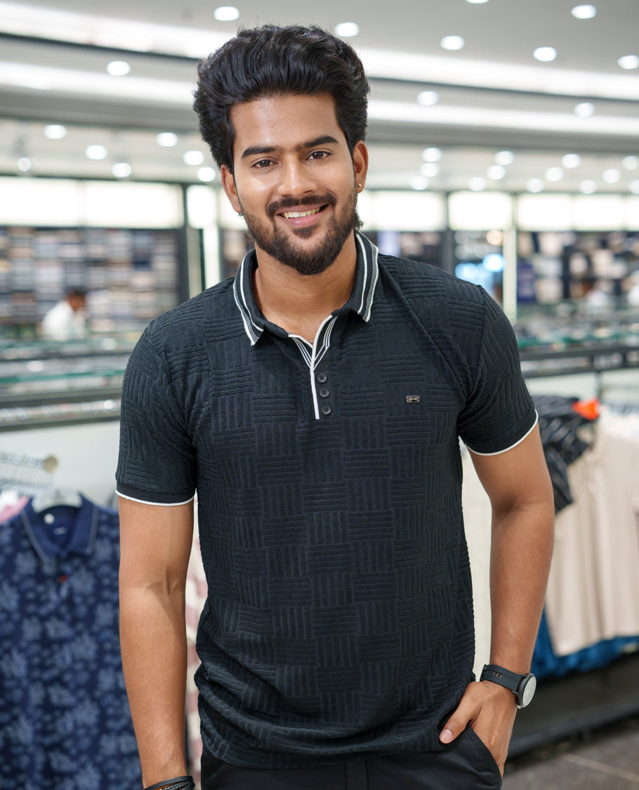 Black Strip-Textured Cotton-Blended T-Shirt Comes with Half-Sleeves, Polo Collar, a Slim Fit, and Regular Length
