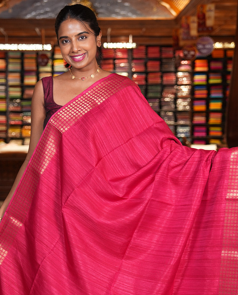 Rani Pink Fancy Tussar Saree, Polka Dotted Border, a Floral Printed Blouse, Matching Blouse