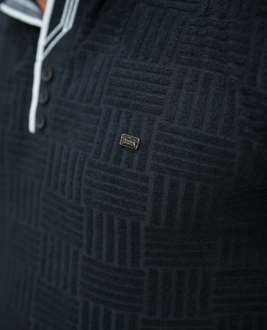Black Strip-Textured Cotton-Blended T-Shirt Comes with Half-Sleeves, Polo Collar, a Slim Fit, and Regular Length