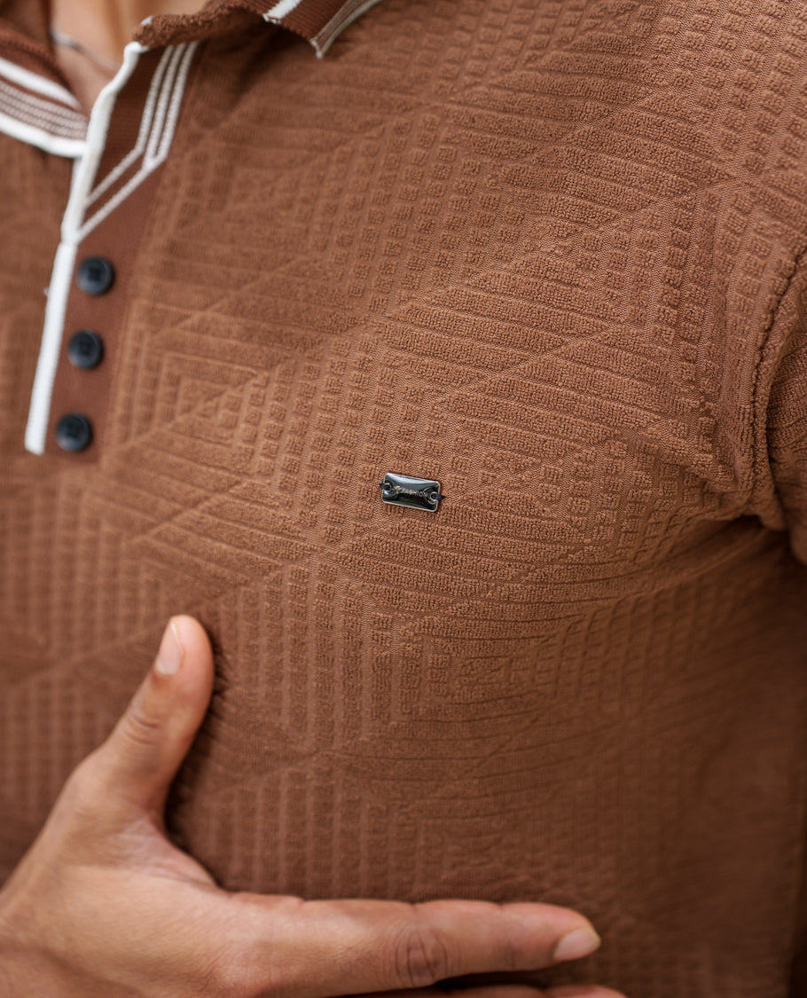 Brown Diamond-Textured Cotton-Blended T-Shirt Comes with Half-Sleeves, Polo Collar, a Slim Fit, and Regular Length