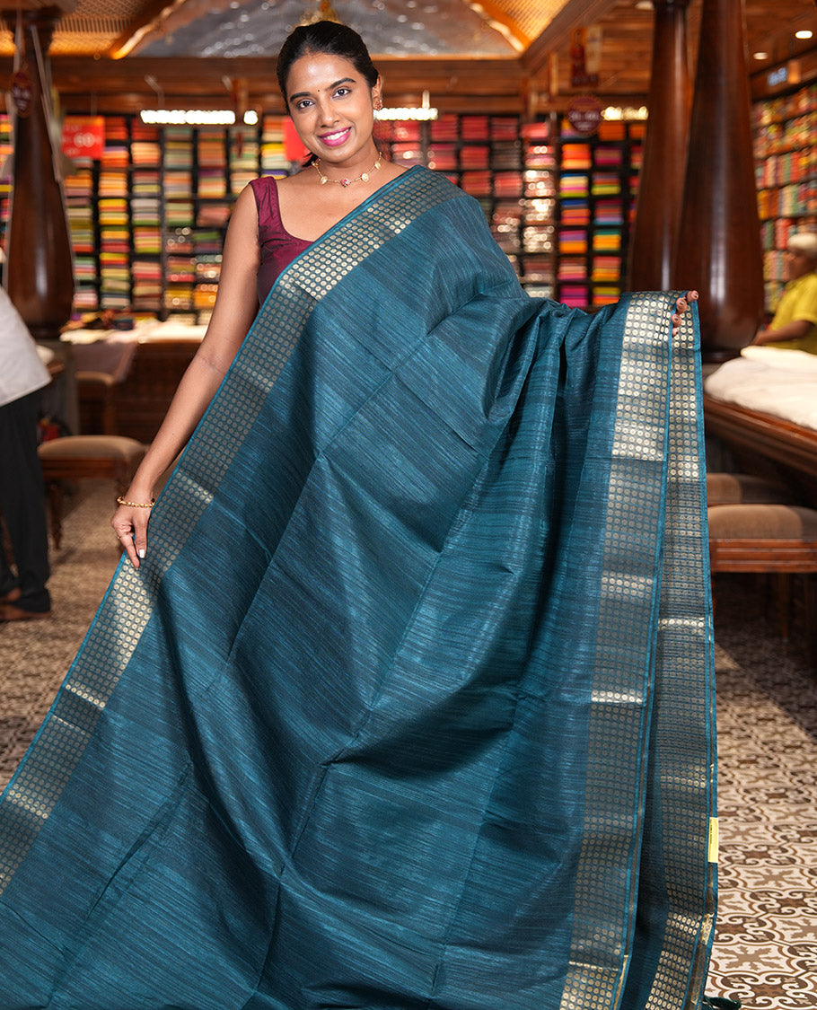 Rama Fancy Tussar Saree, Polka Dotted Border, a Floral Printed Blouse, Matching Blouse