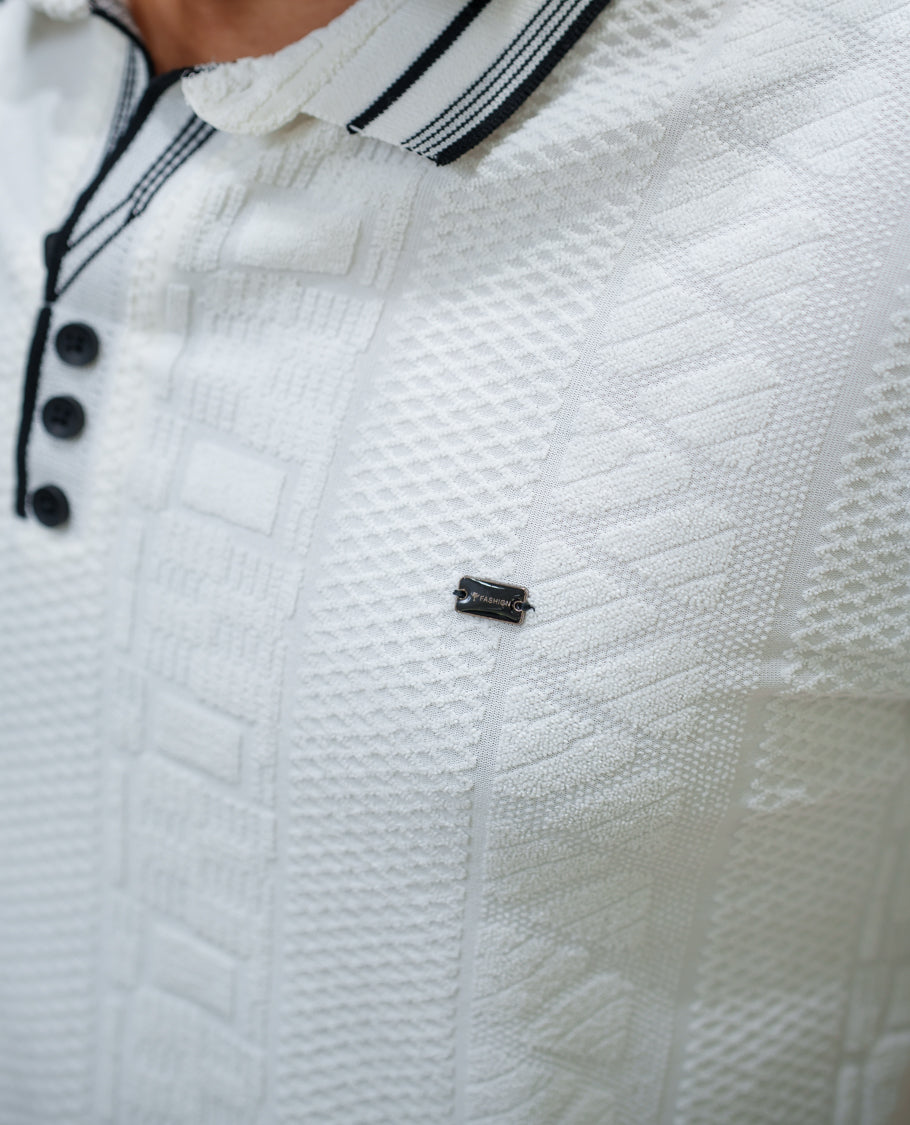 White Geometric-Textured Cotton-Blended T-Shirt Comes with Half-Sleeves, Polo Collar, a Slim Fit, and Regular Length