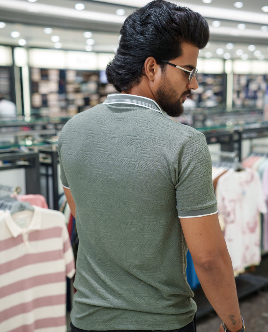 Dark Grey Geometric-Textured Cotton-Blended T-Shirt Comes with Half-Sleeves, Polo Collar, a Slim Fit, and Regular Length