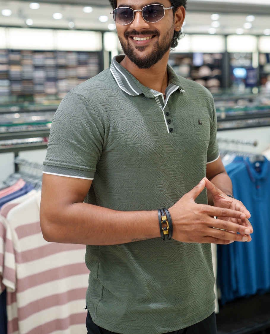 Dark Grey Geometric-Textured Cotton-Blended T-Shirt Comes with Half-Sleeves, Polo Collar, a Slim Fit, and Regular Length