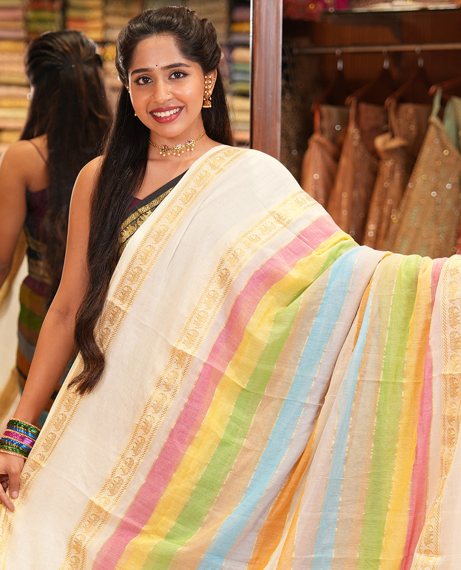 Cream Khadi Mul Cotton Saree
