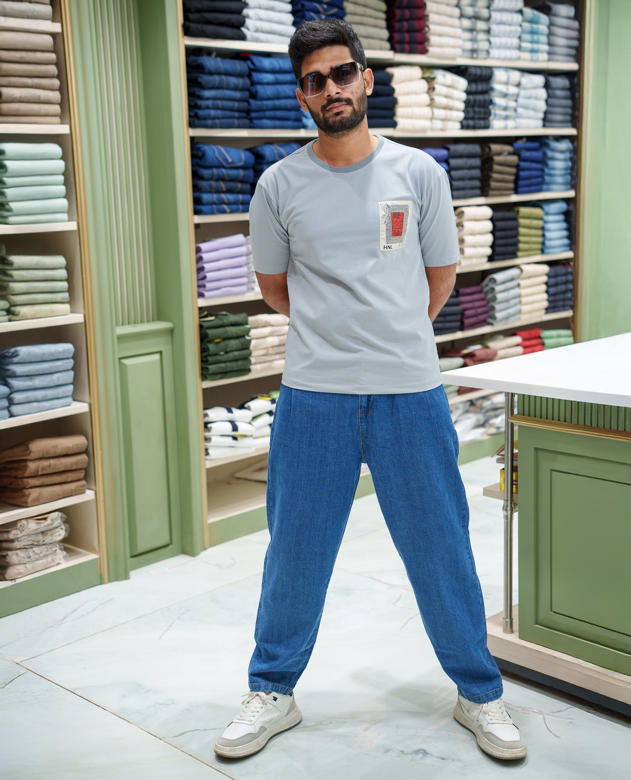 Grey Cotton-Blended T-shirt, Features Unique Back Print, Half-sleeves, Crew Neck, Oversized Fit, and Regular Length