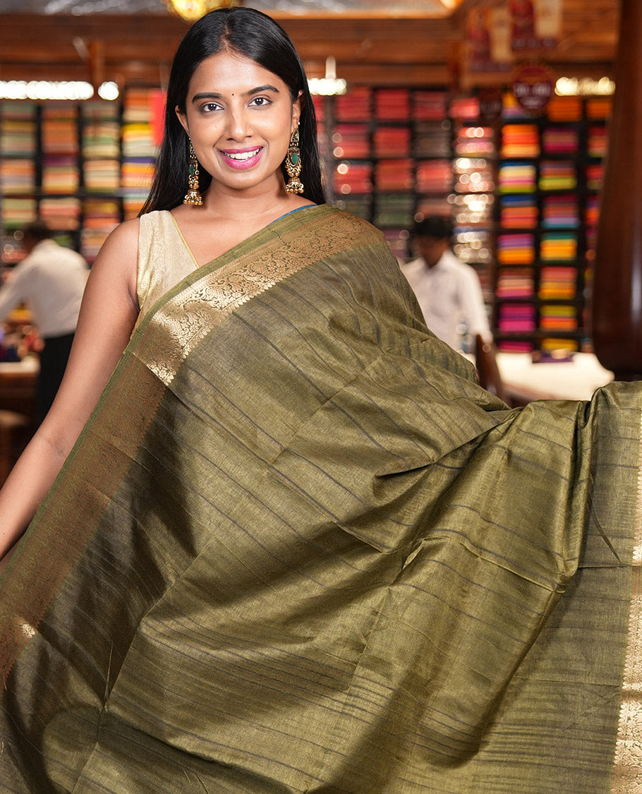 Olive Green Fancy Tussar Saree, Floral-Paisley Border, Grand Pallu, a Contrast Printed Blouse, Matching Brocade Blouse