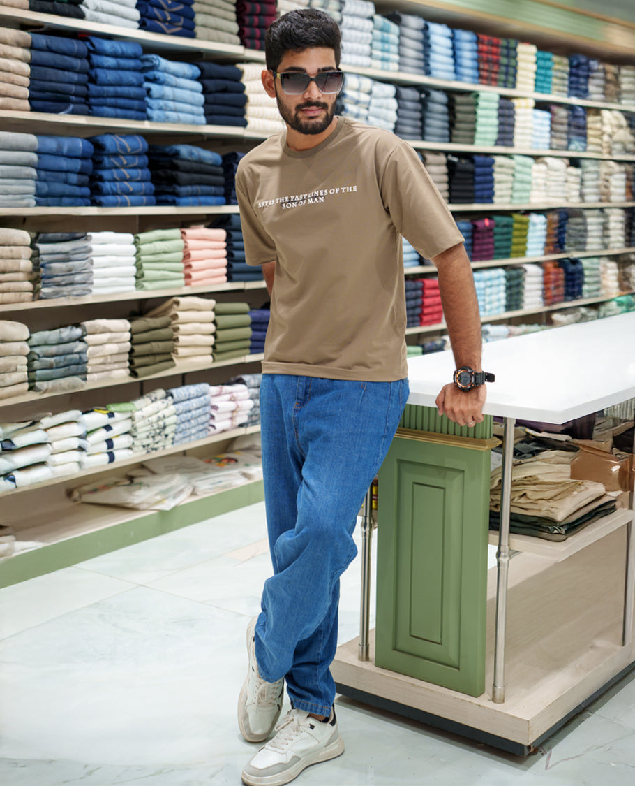 Brown Cotton-Blended T-shirt, Comes with a Unique Back Print, Half-sleeves, Crew Neck, Oversized Fit, and Regular Length