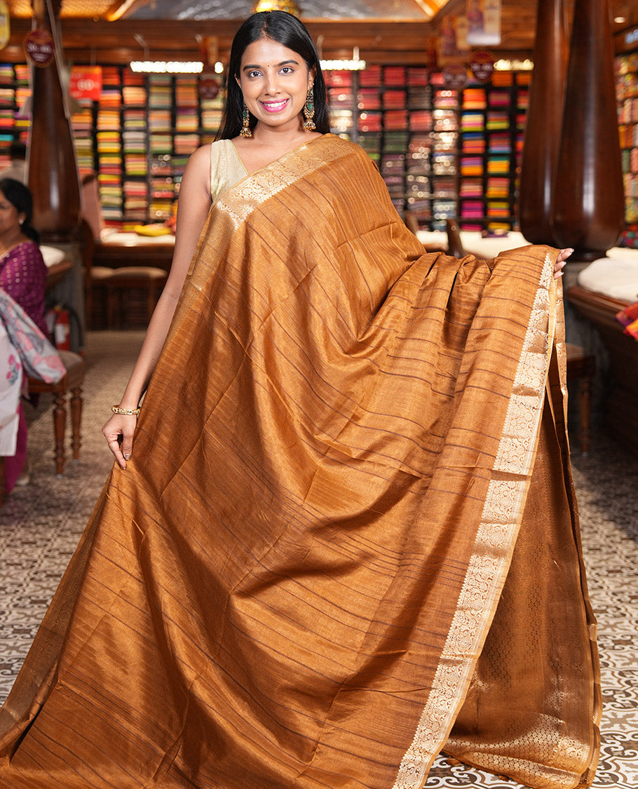 Golden Brown Fancy Tussar Saree, Floral-Paisley Border, Grand Pallu, a Contrast Printed Blouse, Matching Brocade Blouse