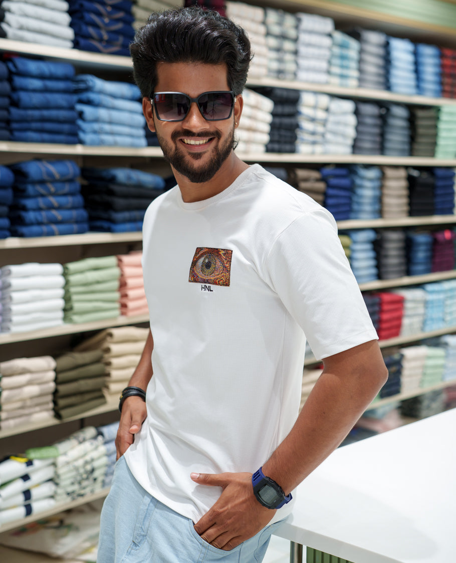 White Cotton-Blended T-shirt, Comes with a Unique Back Print, Half-sleeves, Crew Neck, Oversized Fit, and Regular Length