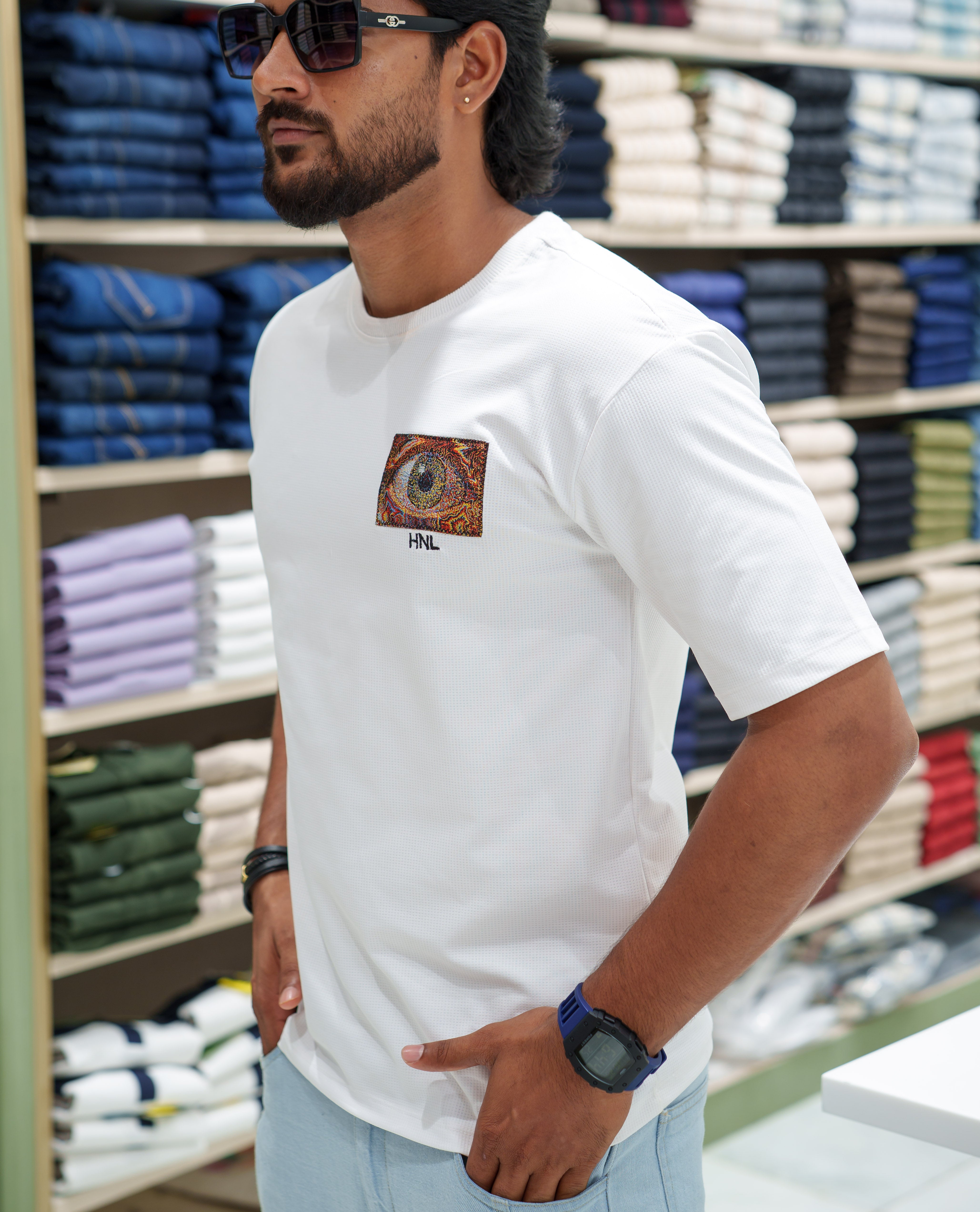 White Cotton-Blended T-shirt, Comes with a Unique Back Print, Half-sleeves, Crew Neck, Oversized Fit, and Regular Length