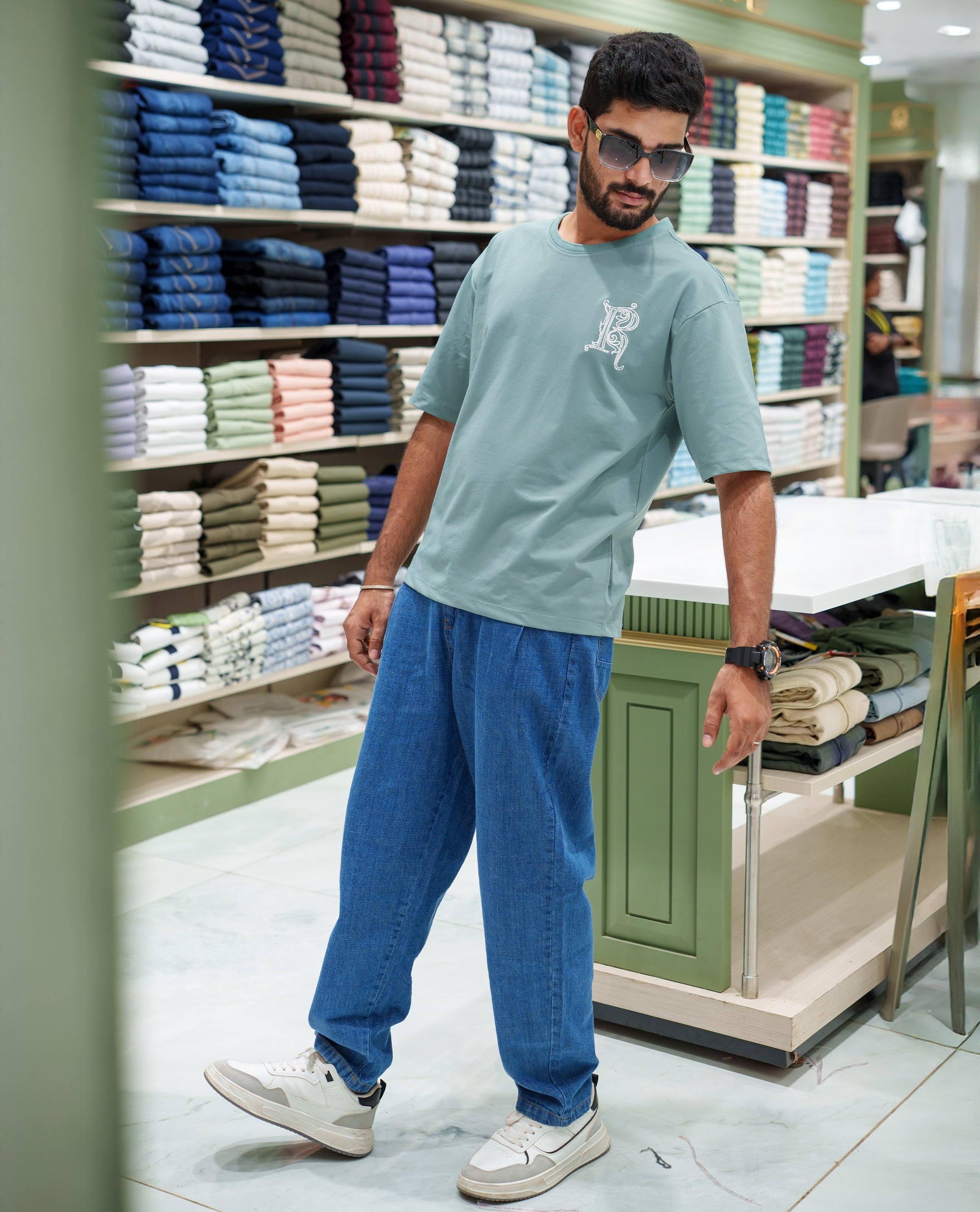 Teal Cotton-Blended T-shirt, Comes with a Unique Back Print, Half-sleeves, Crew Neck, Oversized Fit, and Regular Length