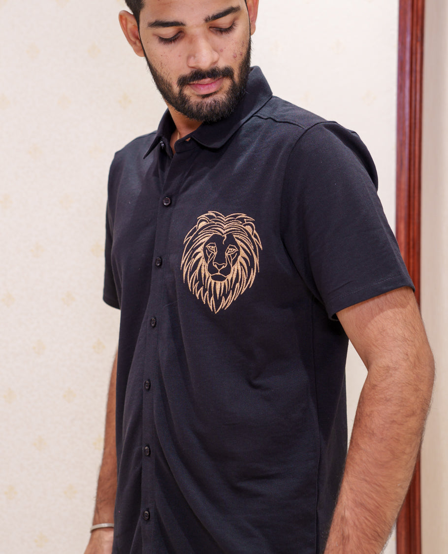 Black Fancy Knitted Casual Shirt, Comes with Lion Motifs Embroidery, a Spread Collar, Half Sleeves, Regular Fit, and Regular Length
