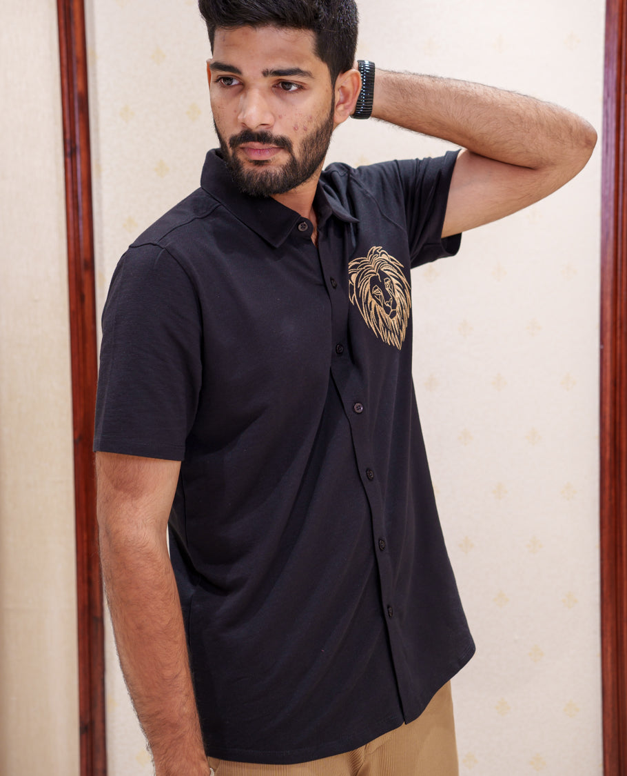 Black Fancy Knitted Casual Shirt, Comes with Lion Motifs Embroidery, a Spread Collar, Half Sleeves, Regular Fit, and Regular Length