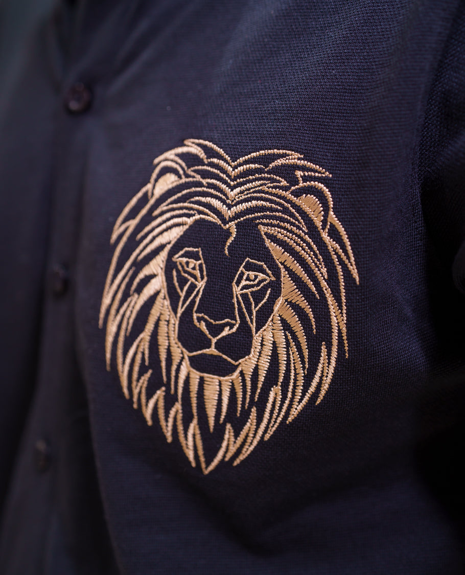 Black Fancy Knitted Casual Shirt, Comes with Lion Motifs Embroidery, a Spread Collar, Half Sleeves, Regular Fit, and Regular Length
