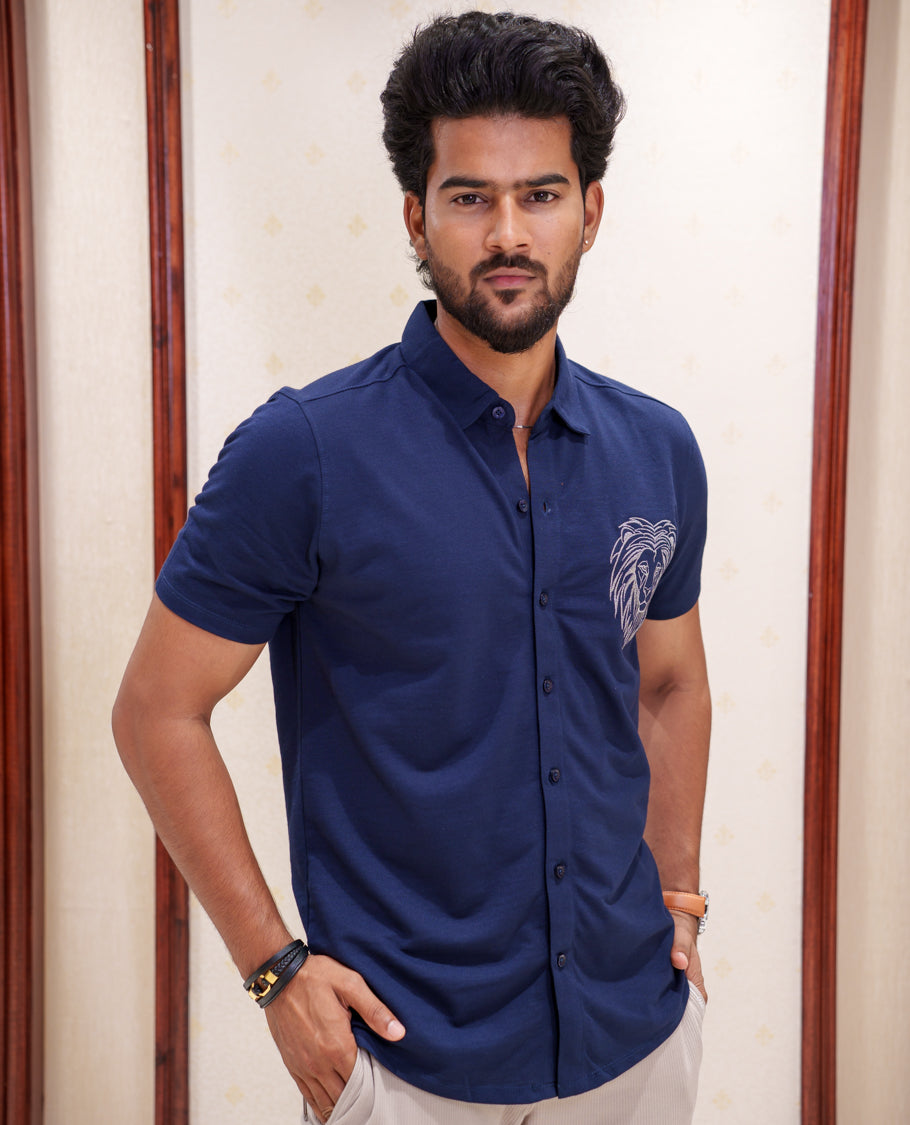 Blue Fancy Knitted Casual Shirt, Comes with Lion Motifs Embroidery, a Spread Collar, Half Sleeves, Regular Fit, and Regular Length