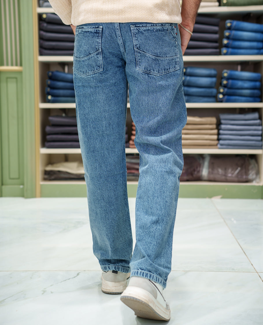 Dark Blue Heathered Textured Denim Trousers Come with Baggy Fit and Regular Length