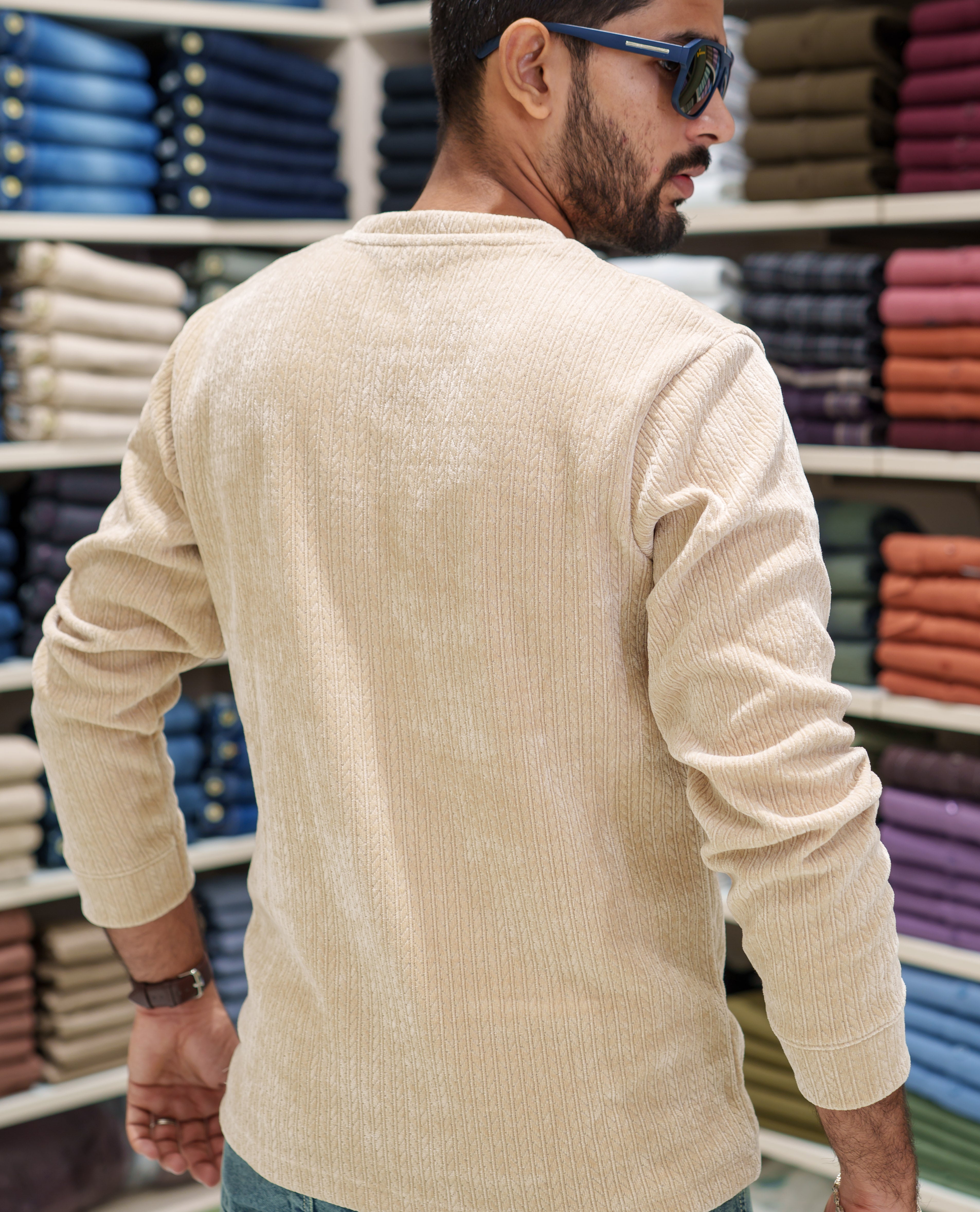 Cream Corduroy T-Shirt, Comes with Geometric Textures, a Crew-Neck, Full Sleeves, Slim Fit, and Regular Length