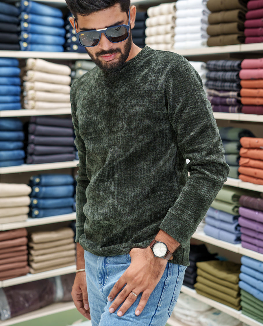 Green Corduroy T-Shirt, Comes with Geometric Textures, a Crew-Neck, Full Sleeves, Slim Fit, and Regular Length