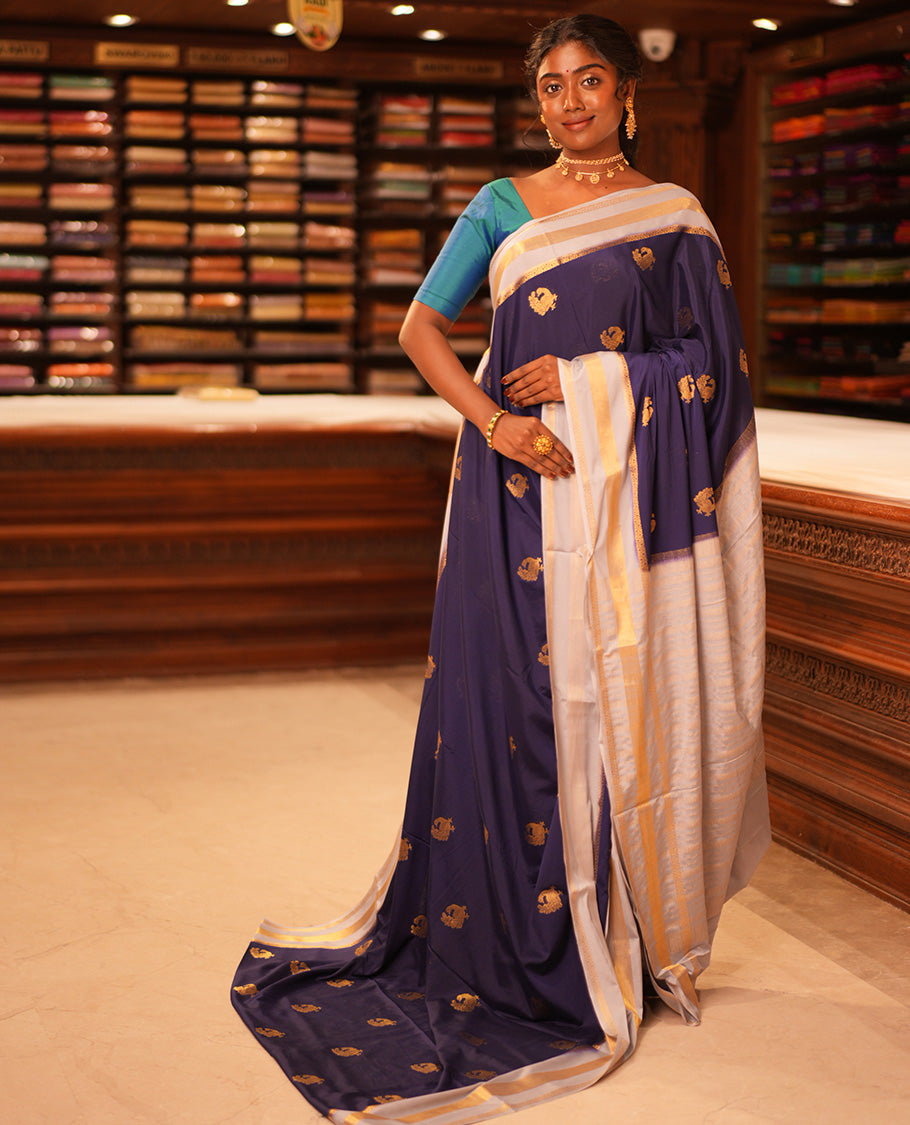 Navy Semi-Mysore Silk Saree