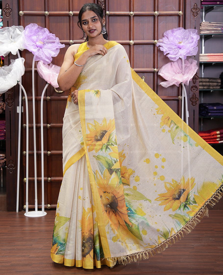 Cream Tissue Saree, Artfully Printed with SunFlower Motifs Printed On Its Body, Complemented by Contrast Border, Pallu Pictures Sunflower Motifs Print, and Paired with a Contrast Blouse