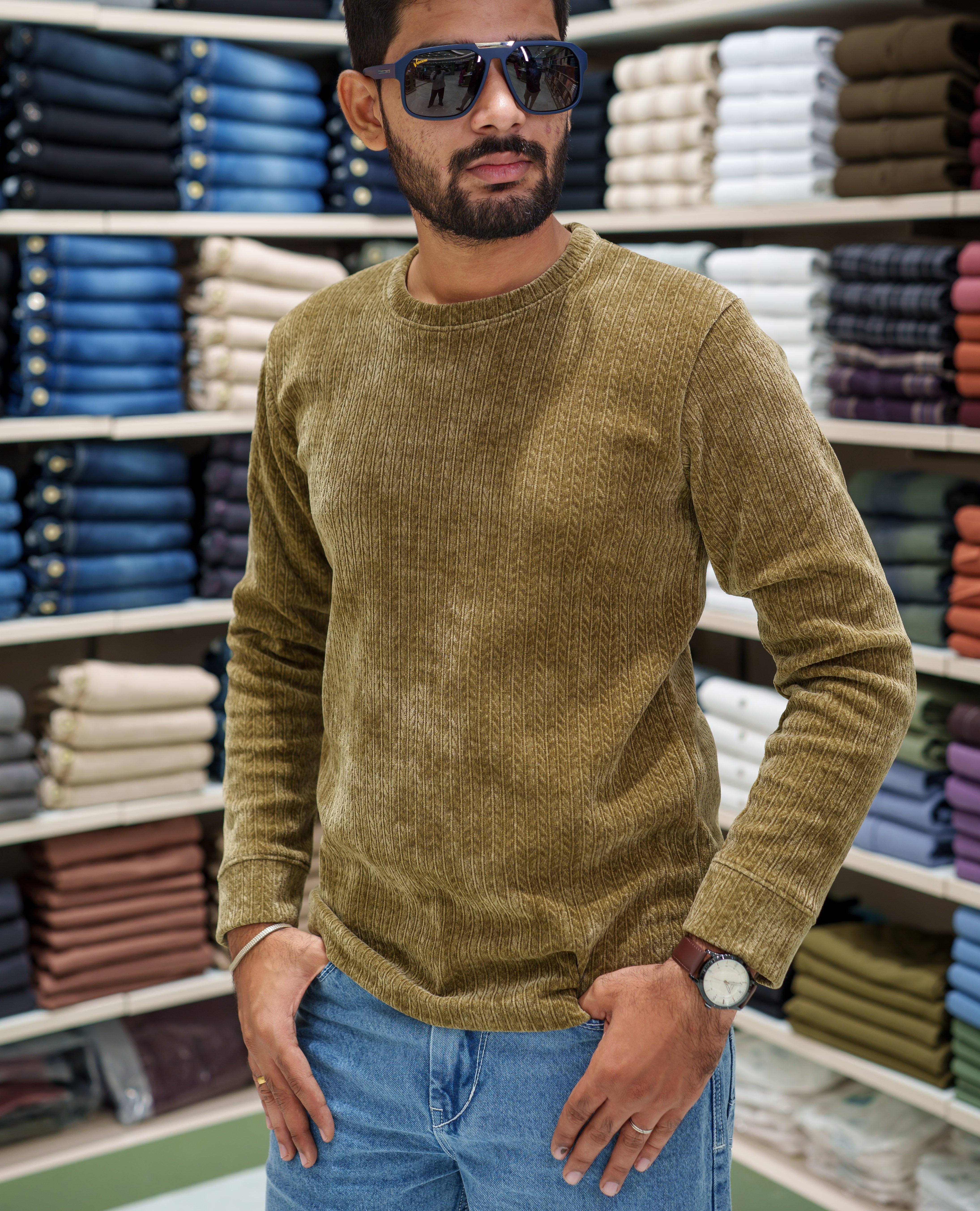 Mehendi Corduroy T-Shirt, Comes with Geometric Textures, a Crew-Neck, Full Sleeves, Slim Fit, and Regular Length