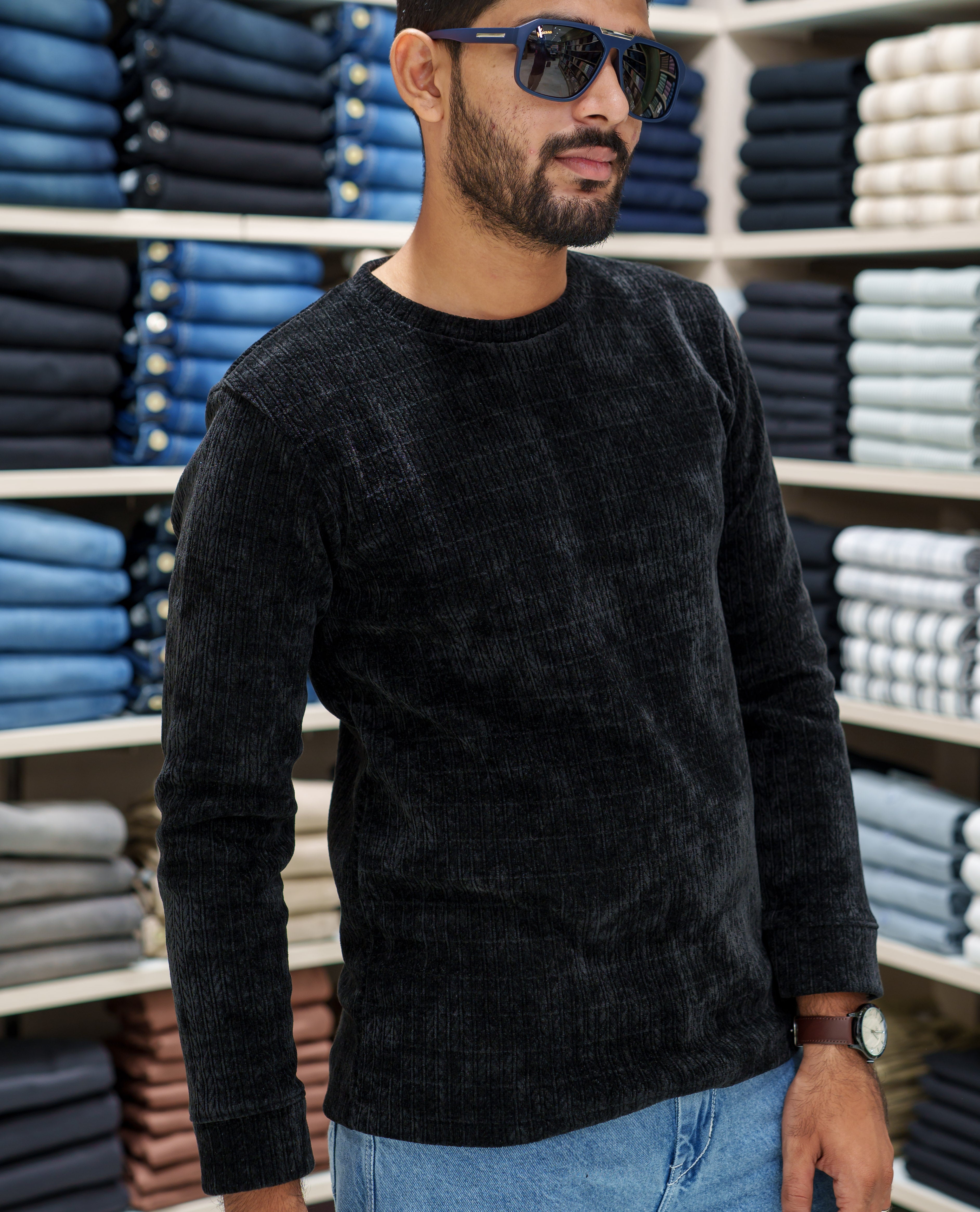 Black Corduroy T-Shirt, Comes with Geometric Textures, a Crew-Neck, Full Sleeves, Slim Fit, and Regular Length