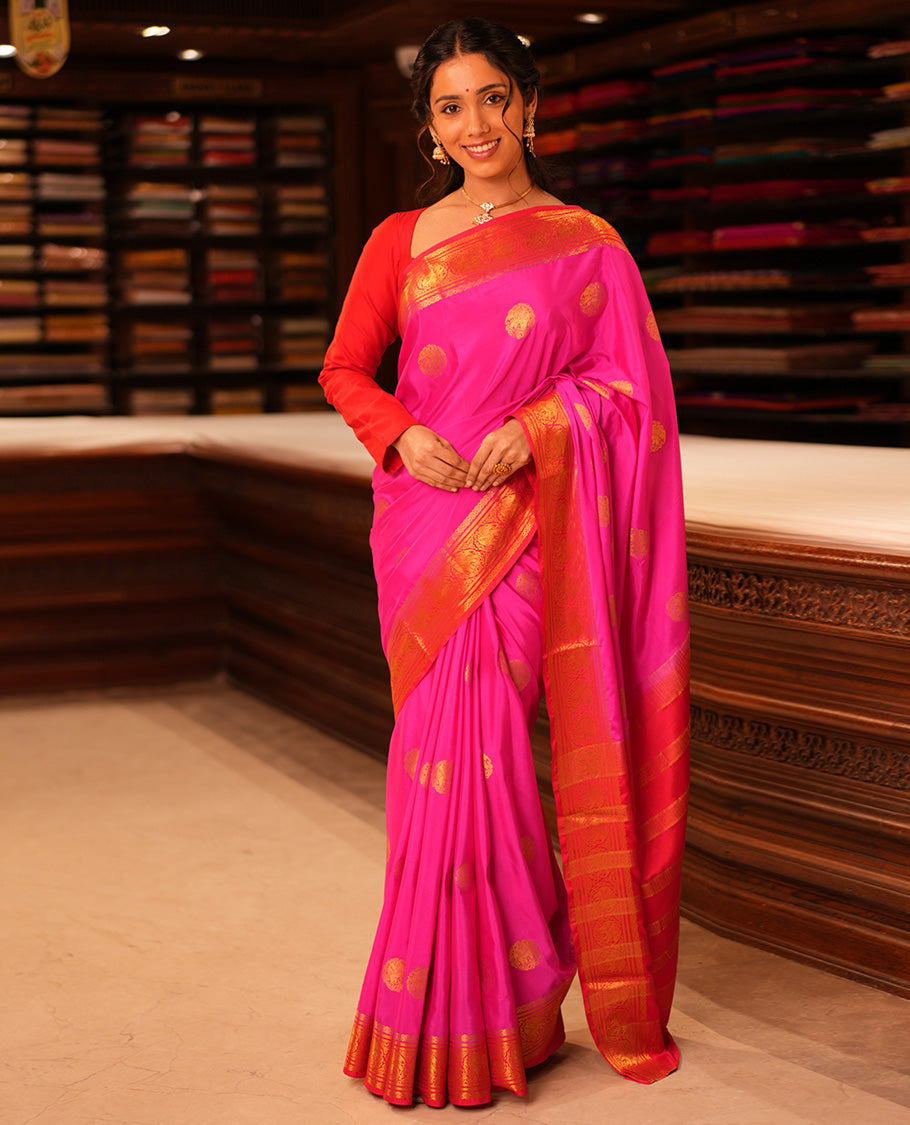 Rani Pink Elephant Buttas Fancy Mysore Silk Saree, Contrast Elephant Border, Contrast Blouse