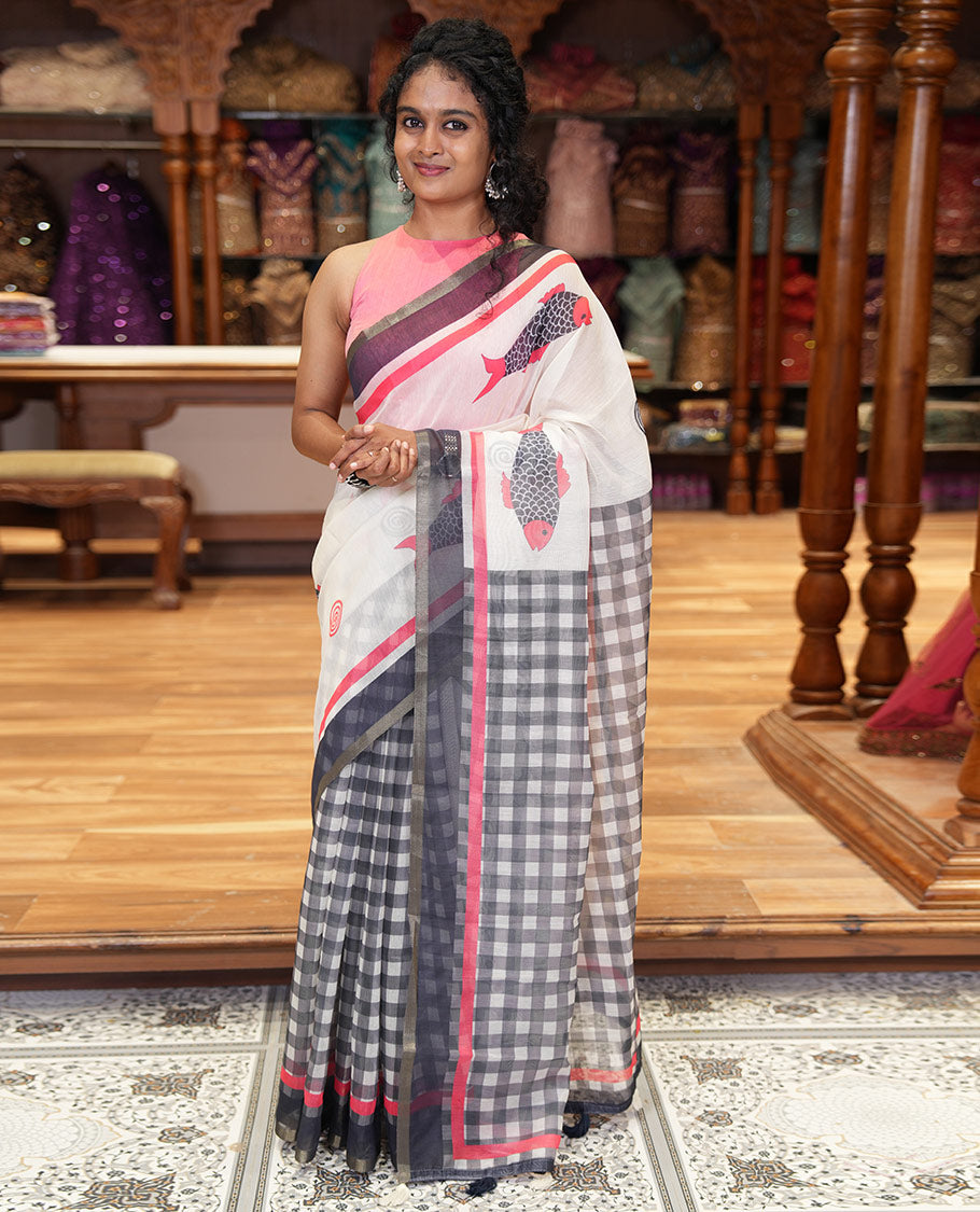 Off-white fish motifs and checked half-and-half saree, contrast border, checked pallu, and a contrast spiral motifs printed blouse