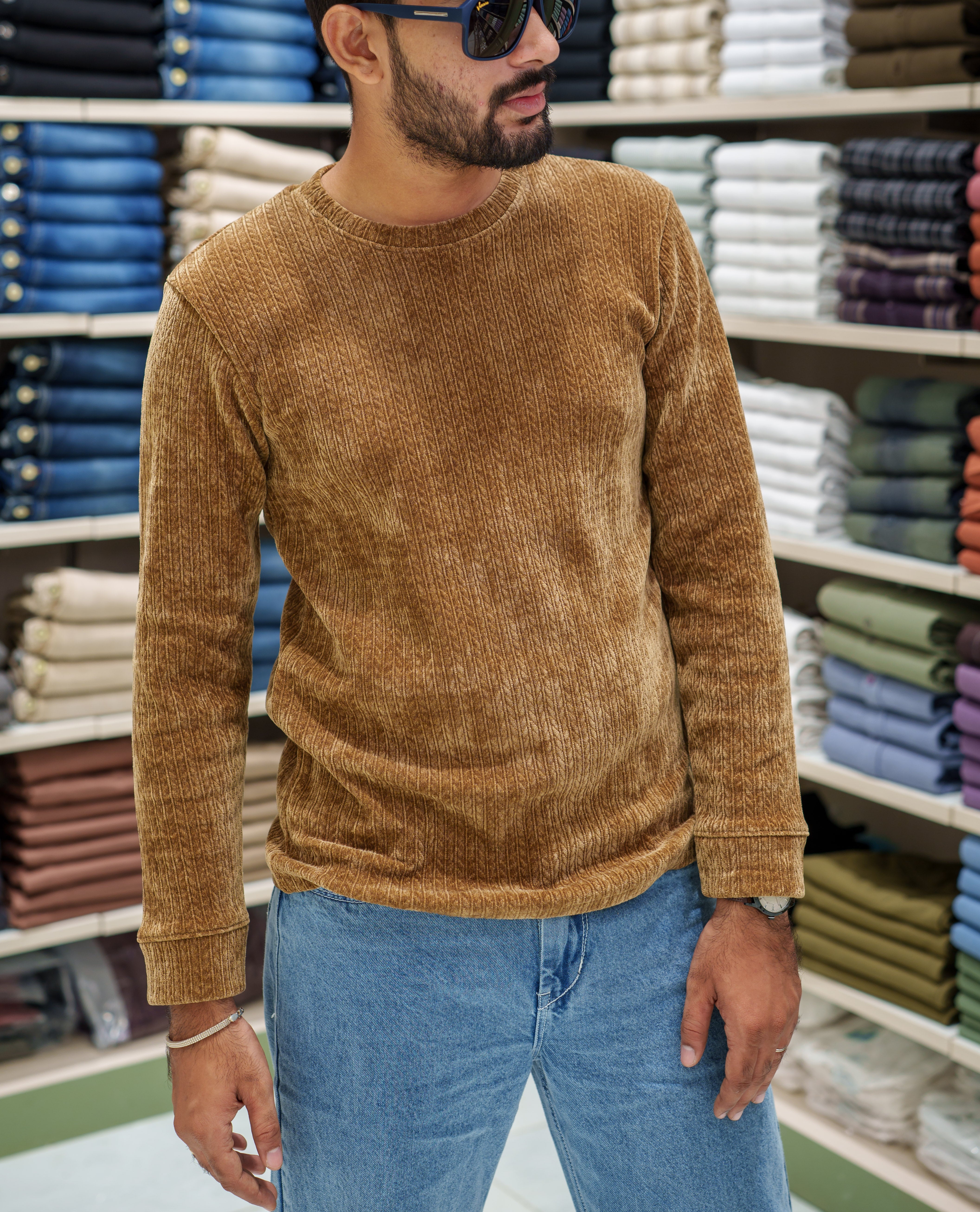 Brown Corduroy T-Shirt, Comes with Geometric Textures, a Crew-Neck, Full Sleeves, Slim Fit, and Regular Length