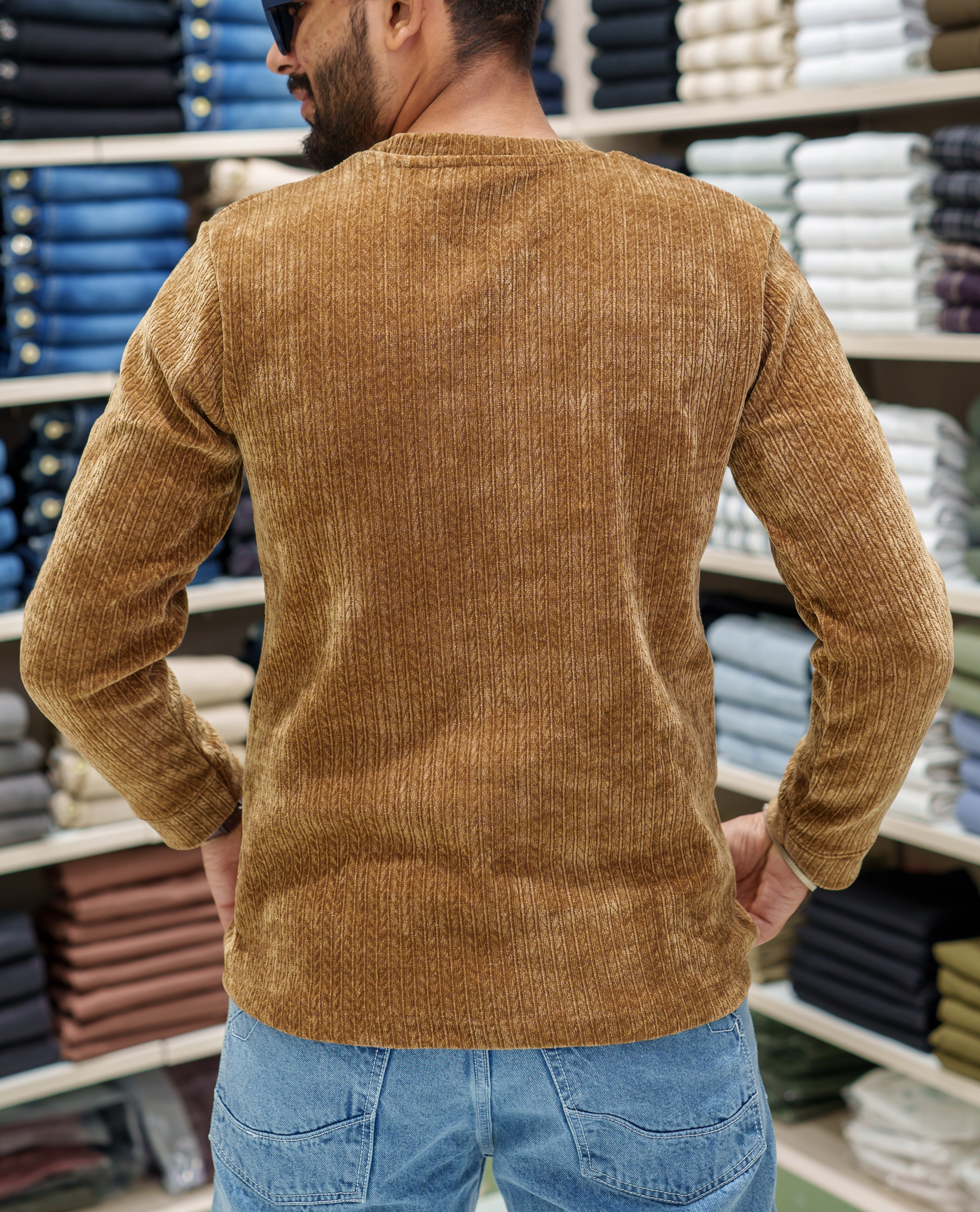 Brown Corduroy T-Shirt, Comes with Geometric Textures, a Crew-Neck, Full Sleeves, Slim Fit, and Regular Length