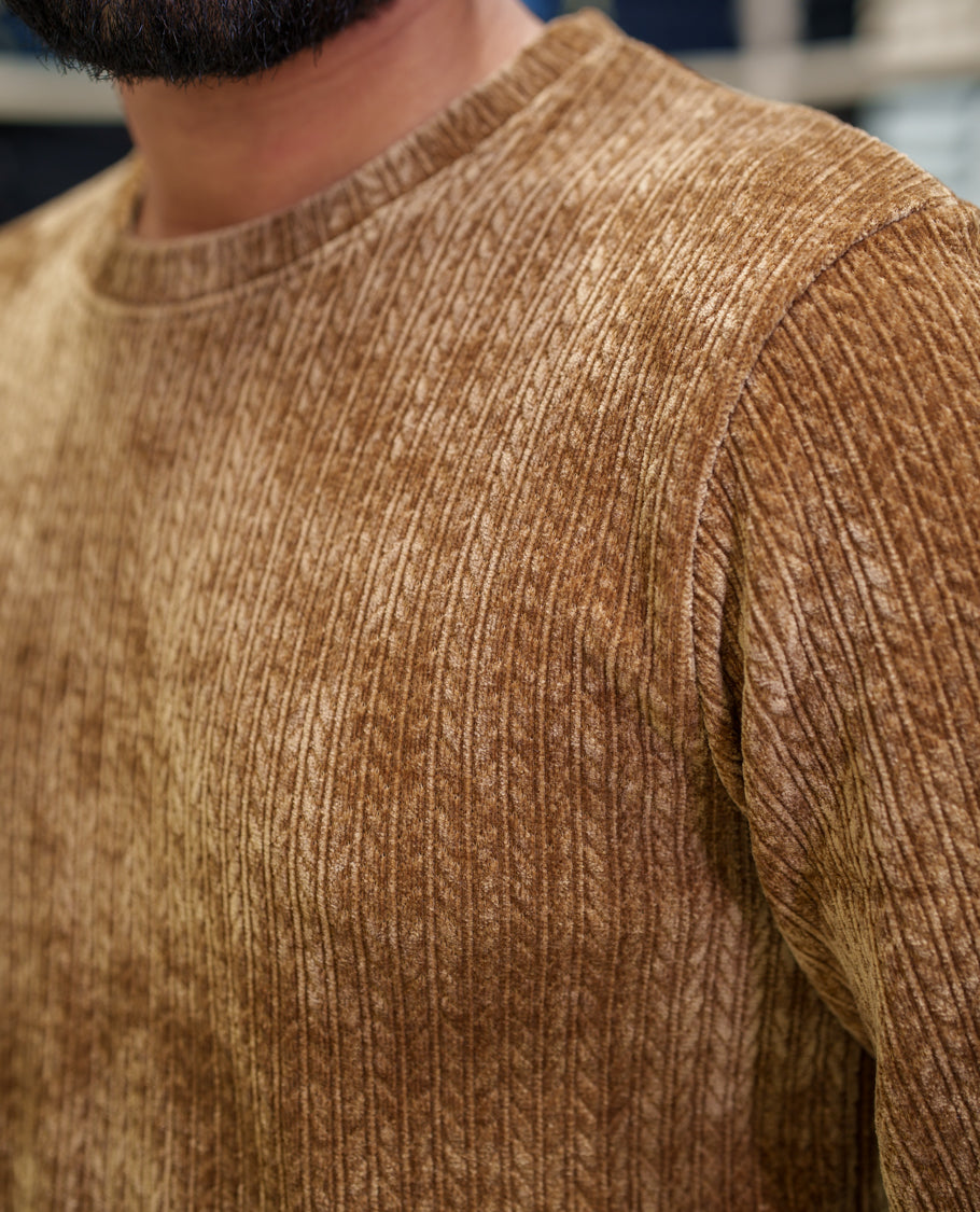 Brown Corduroy T-Shirt, Comes with Geometric Textures, a Crew-Neck, Full Sleeves, Slim Fit, and Regular Length