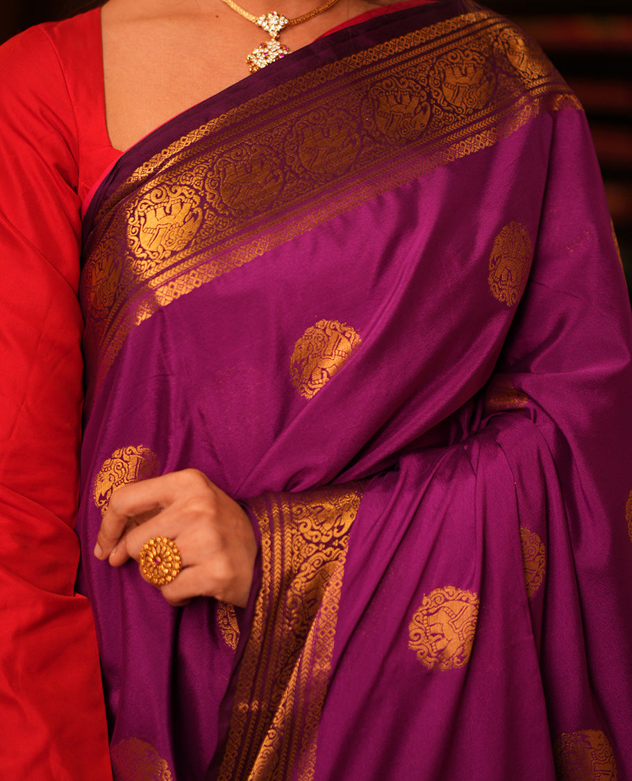 Vadamalli Elephant Buttas Fancy Mysore Silk Saree, Contrast Elephant Border, Contrast Blouse