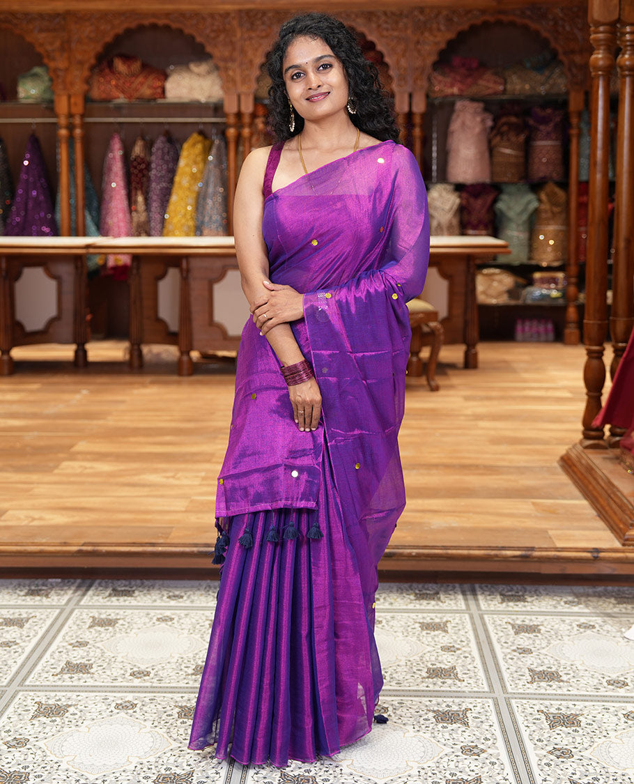 Borderless violet mirror work khadi tissue saree, mirror work pallu, and a matching blouse